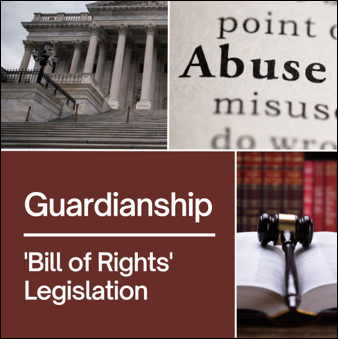 Guardianship 'Bill of Rights' Legislation. Government building next to an image of a gavel and the word 
